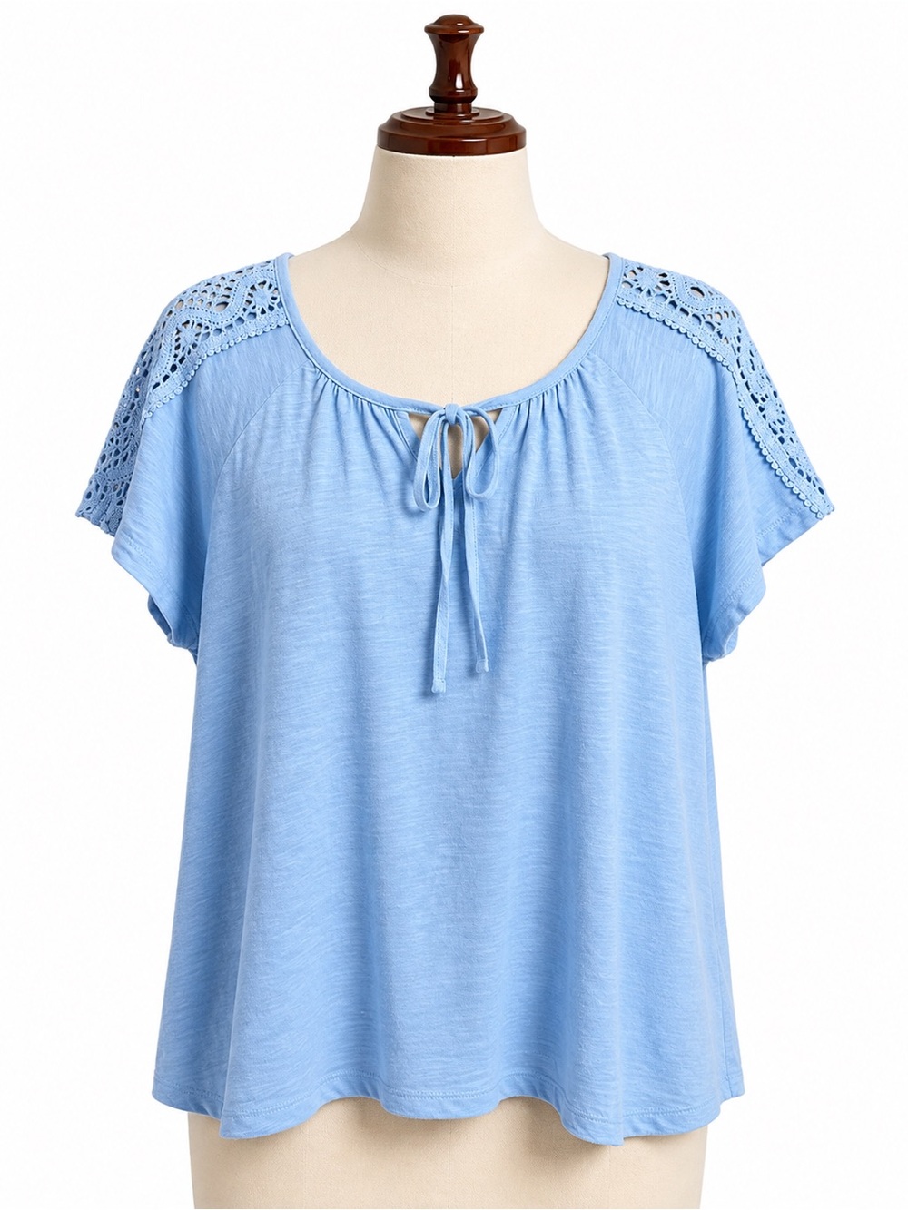 St. John's Bay Light Blue Crochet-Shoulder Tie-Neck Top